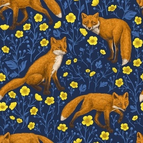 Foxes and buttercups on dark blue