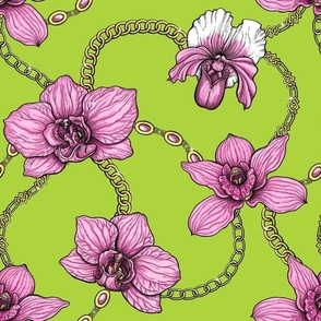 Orchids and chains, pink and lime green