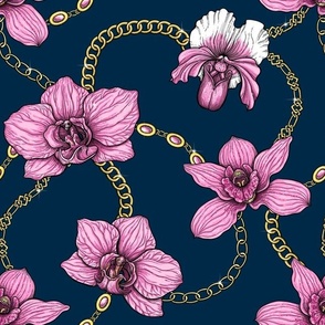 Orchids and chains, pink and navy