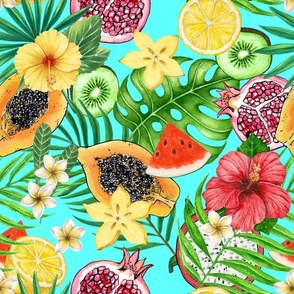 Tropical mix-fruit, flowers and leaves on blue