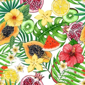 Tropical mix-fruit, flowers and leaves on white