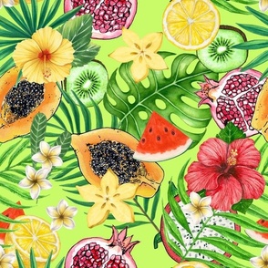 Tropical mix-fruit, flowers and leaves on green