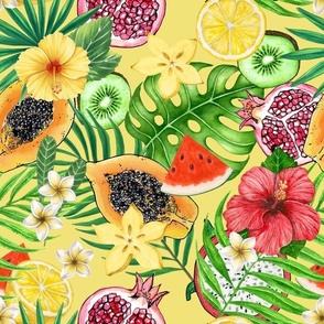 Tropical mix-fruit, flowers and leaves on yellow