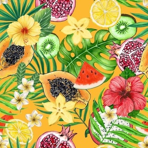 Tropical mix-fruit, flowers and leaves on orange
