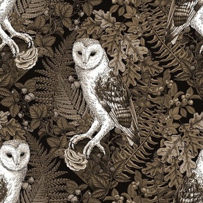 Owls, ferns, oak and berries. monochrome, sepia