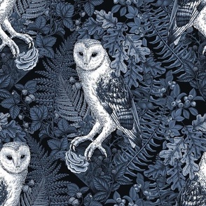 Owls, ferns, oak and berries, monochrome, blue