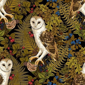 Owls, ferns, oak and berries, earth tones, muted green, brown