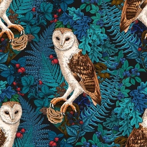 Owls, ferns, oak and berries, blue leaves on black