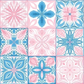 Ornate tiles in blue and pink
