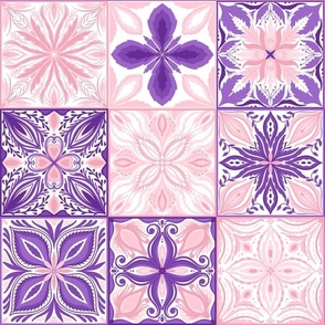 Ornate tiles in pink and blue-magenta