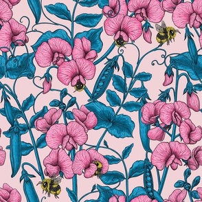Sweet peas and bumblebees in pink and blue on cotton candy