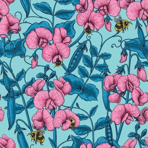 Sweet peas and bumblebees in pink and blue