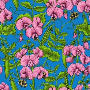 Sweet peas and bumblebees in pink and green on blue