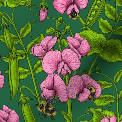 Sweet peas and bumblebees in pink and green on dark green