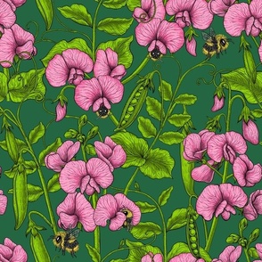 Sweet peas and bumblebees in pink and green on dark green