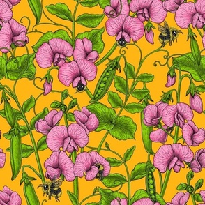 Sweet peas and bumblebees in pink and green on orange