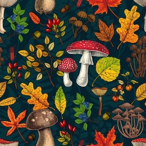 Autumn mushrooms, leaves, nuts and berries on dark blue