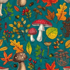 Autumn mushrooms, leaves, nuts and berries on dark brown