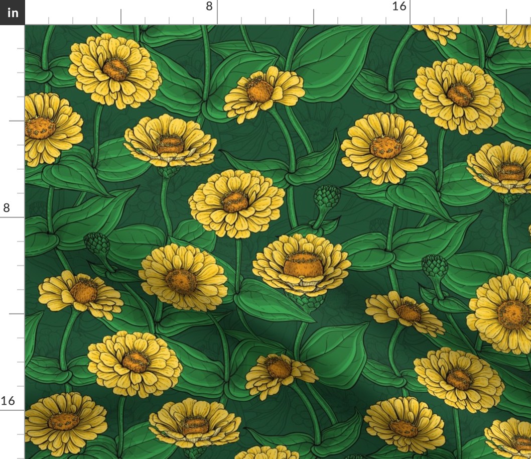 Yellow Zinnias on dark green