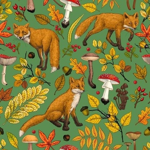 Autumn foxes on kelly green