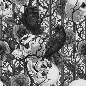 Raven's secret. Dark and moody gothic illustration with human skulls and roses, monochrome on white