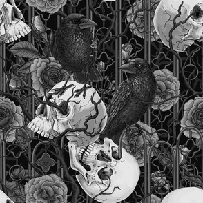 Raven's secret. Dark and moody gothic illustration with human skulls and roses, monochrome on black