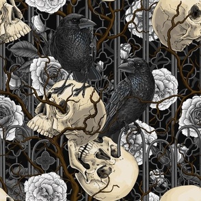 Raven's secret. Dark and moody gothic illustration with human skulls and white roses on black