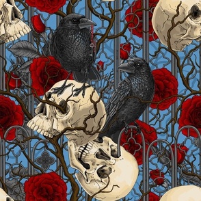 Raven's secret. Dark and moody gothic illustration with human skulls and red roses on blue