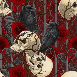 Raven's secret. Dark and moody gothic illustration with human skulls and red roses on dark red