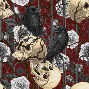 Raven's secret. Dark and moody gothic illustration with human skulls and white roses on dark red