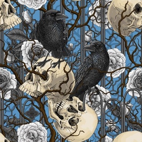 Raven's secret. Dark and moody gothic illustration with human skulls and white roses on blue
