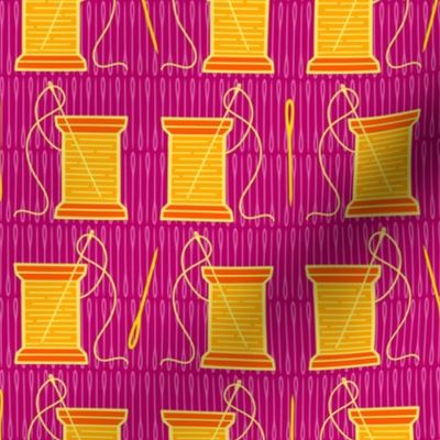 M – Sewing Thread Spools – Pink Yellow & Orange – Retro quilting room needle and thread