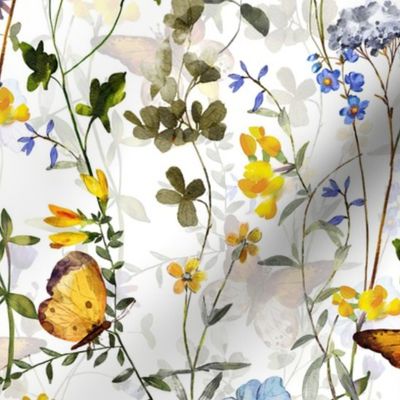 14" a colorful summer wildflower meadow  - nostalgic Wildflowers, Yellow Butterflies and Herbs home decor on white double layer,   Baby Girl and nursery fabric perfect for kidsroom wallpaper, kids room, kids decor, - double layer