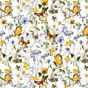 14" a colorful summer wildflower meadow  - nostalgic Wildflowers, Yellow Butterflies and Herbs home decor on white double layer,   Baby Girl and nursery fabric perfect for kidsroom wallpaper, kids room, kids decor, - double layer