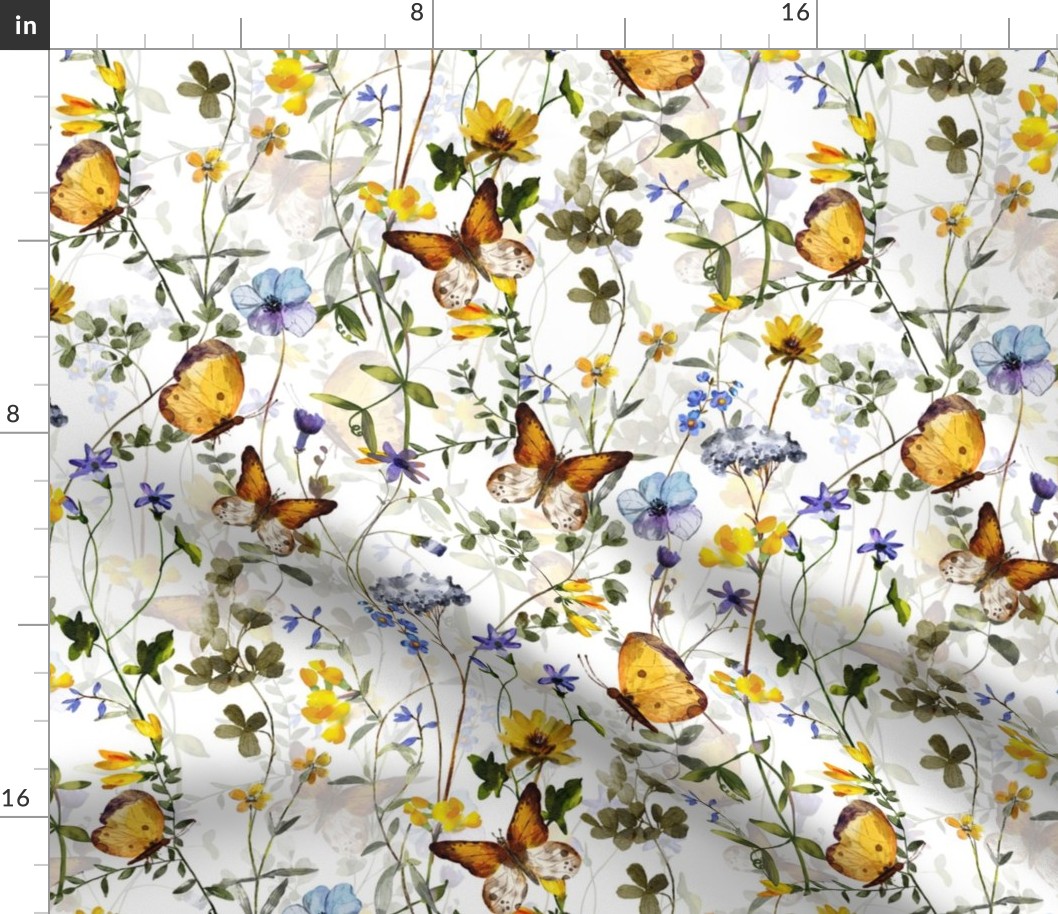 14" a colorful summer wildflower meadow  - nostalgic Wildflowers, Yellow Butterflies and Herbs home decor on white double layer,   Baby Girl and nursery fabric perfect for kidsroom wallpaper, kids room, kids decor, - double layer