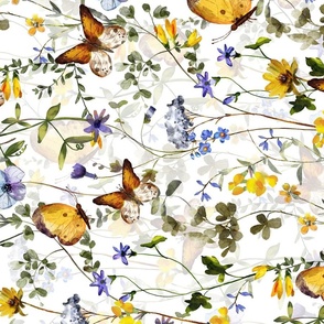 Turned left 21" a colorful summer wildflower meadow  - nostalgic Wildflowers, Yellow Butterflies and Herbs home decor on white double layer,   Baby Girl and nursery fabric perfect for kidsroom wallpaper, kids room, kids decor, - double layer
