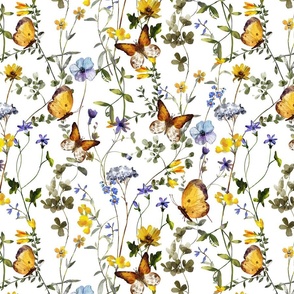 14" a colorful summer wildflower meadow  - nostalgic Wildflowers, Yellow Butterflies and Herbs home decor on white double layer,   Baby Girl and nursery fabric perfect for kidsroom wallpaper, kids room, kids decor