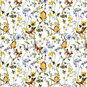10" a colorful summer wildflower meadow  - nostalgic Wildflowers, Yellow Butterflies and Herbs home decor on white double layer,   Baby Girl and nursery fabric perfect for kidsroom wallpaper, kids room, kids decor
