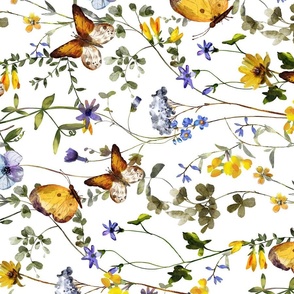 Turned left - 21" a colorful summer wildflower meadow  - nostalgic Wildflowers, Yellow Butterflies and Herbs home decor on white double layer,   Baby Girl and nursery fabric perfect for kidsroom wallpaper, kids room, kids decor