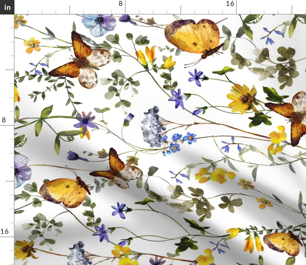 Turned left - 21" a colorful summer wildflower meadow  - nostalgic Wildflowers, Yellow Butterflies and Herbs home decor on white double layer,   Baby Girl and nursery fabric perfect for kidsroom wallpaper, kids room, kids decor