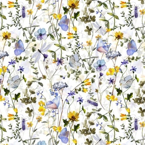 14" a colorful summer wildflower meadow  - nostalgic Wildflowers, Blue Butterflies and Herbs home decor on white double layer,   Baby Girl and nursery fabric perfect for kidsroom wallpaper, kids room, kids decor - double layer