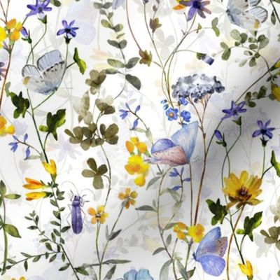 10" a colorful summer wildflower meadow  - nostalgic Wildflowers, Blue Butterflies and Herbs home decor on white double layer,   Baby Girl and nursery fabric perfect for kidsroom wallpaper, kids room, kids decor - double layer 
