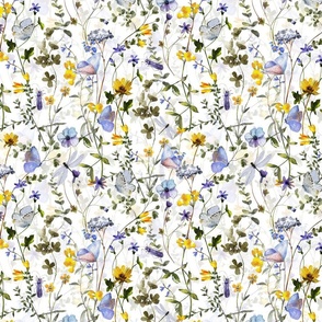 10" a colorful summer wildflower meadow  - nostalgic Wildflowers, Blue Butterflies and Herbs home decor on white double layer,   Baby Girl and nursery fabric perfect for kidsroom wallpaper, kids room, kids decor - double layer 