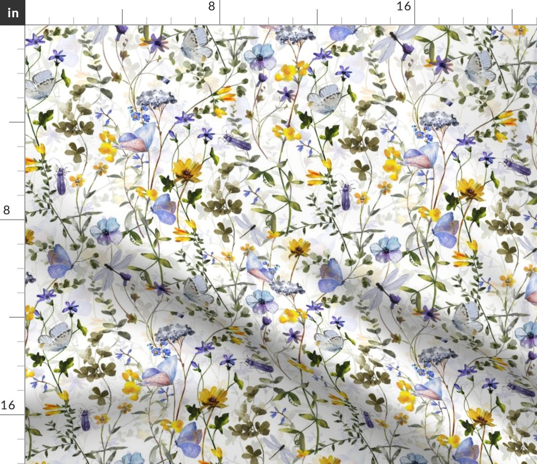 10" a colorful summer wildflower meadow  - nostalgic Wildflowers, Blue Butterflies and Herbs home decor on white double layer,   Baby Girl and nursery fabric perfect for kidsroom wallpaper, kids room, kids decor - double layer 