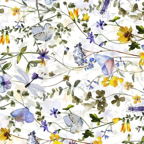 Turned left- 21" a colorful summer wildflower meadow  - nostalgic Wildflowers, Blue Butterflies and Herbs home decor on white double layer,   Baby Girl and nursery fabric perfect for kidsroom wallpaper, kids room, kids decor - double layer