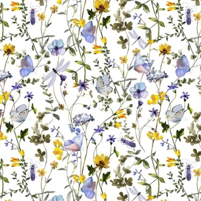 14" a colorful summer wildflower meadow  - nostalgic Wildflowers, Blue Butterflies and Herbs home decor on white double layer,   Baby Girl and nursery fabric perfect for kidsroom wallpaper, kids room, kids decor