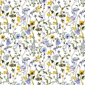 10" a colorful summer wildflower meadow  - nostalgic Wildflowers, Blue Butterflies and Herbs home decor on white double layer,   Baby Girl and nursery fabric perfect for kidsroom wallpaper, kids room, kids decor