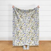 Turned left 21" a colorful summer wildflower meadow  - nostalgic Wildflowers, Blue Butterflies and Herbs home decor on white double layer,   Baby Girl and nursery fabric perfect for kidsroom wallpaper, kids room, kids decor