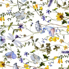 Turned left 21" a colorful summer wildflower meadow  - nostalgic Wildflowers, Blue Butterflies and Herbs home decor on white double layer,   Baby Girl and nursery fabric perfect for kidsroom wallpaper, kids room, kids decor