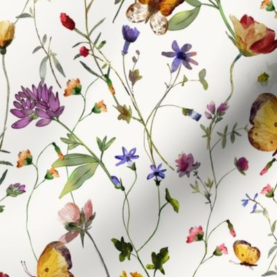 14"  a colorful pink summer wildflower meadow  - nostalgic Wildflowers, Yellow Butterflies and Herbs home decor on white double layer,   Baby Girl and nursery fabric perfect for kidsroom wallpaper, kids room, kids decor